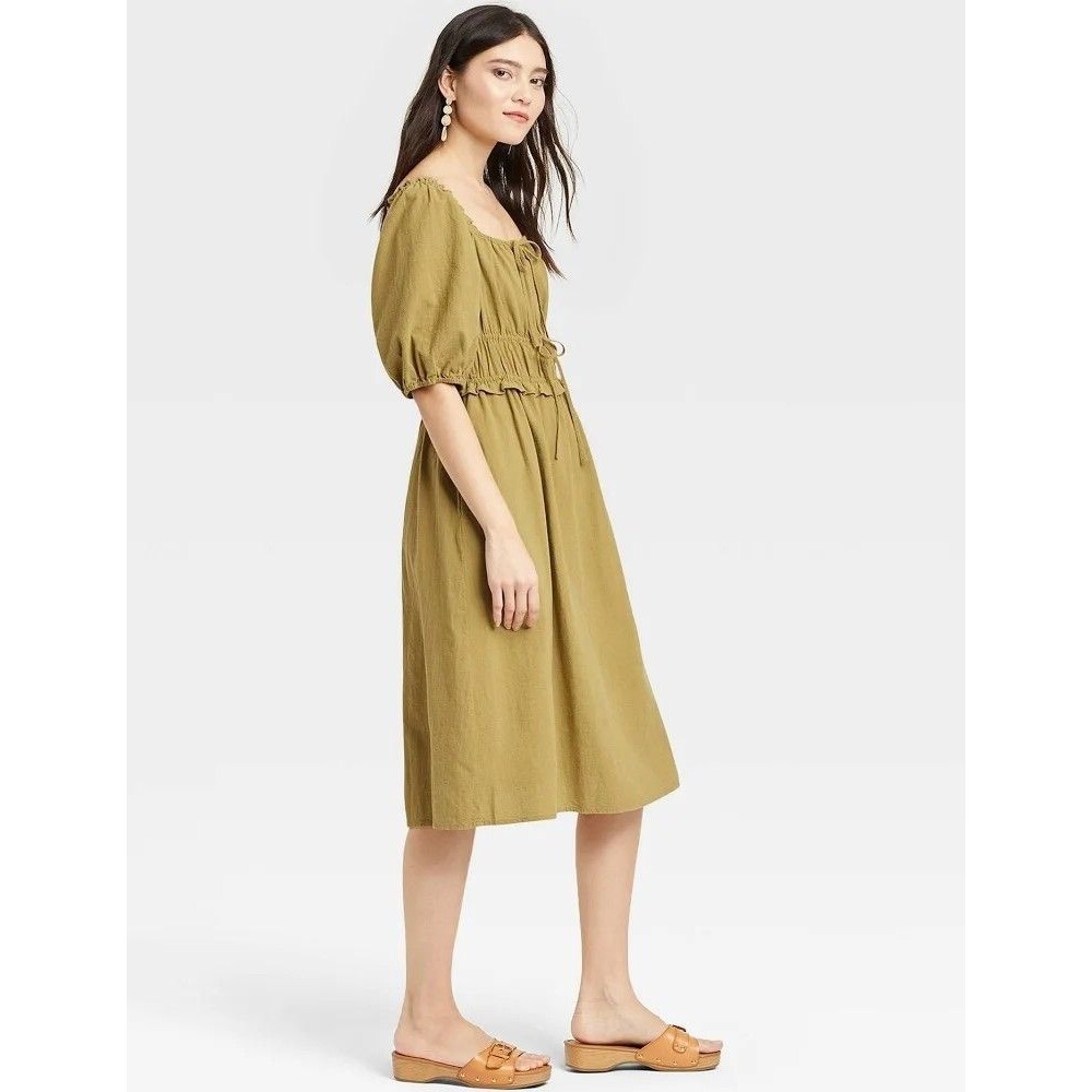 Universal Thread Olive Green Puff Sleeve Midi Dress XS Square Neck Peasant Cotta